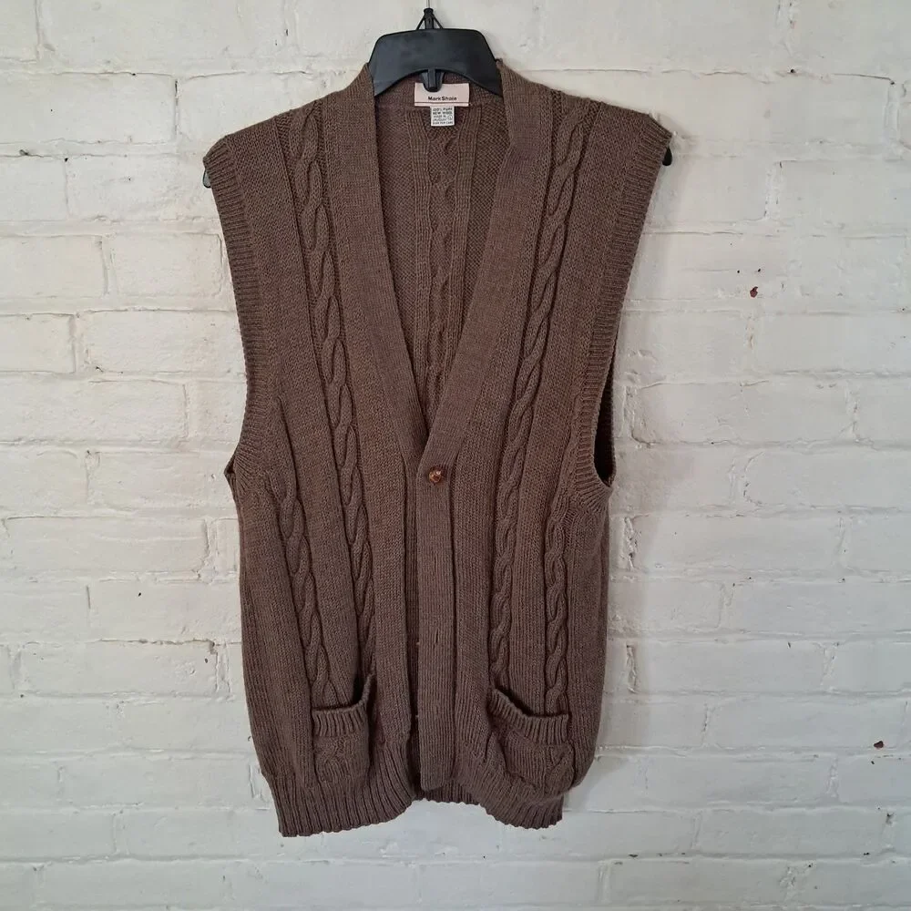 Vintage Mark Shale 100% Wool Brown Cableknit Cardigan Vest Sweater Brown Mens L